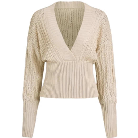 NEW- Gorgeous Open Knit Sweater Long Sleeves V- Neck in Cream/ Beige color - Picture 8 of 9